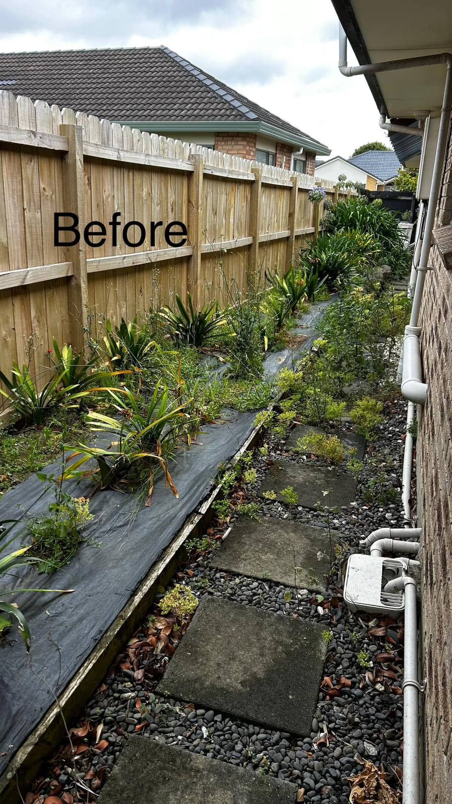 Before: side path overgrown with weeds through the matting and pavers